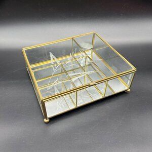 Vintage Glass Mirrored Jewelry Box Brass Etched Floral Mexico Storage Vanity